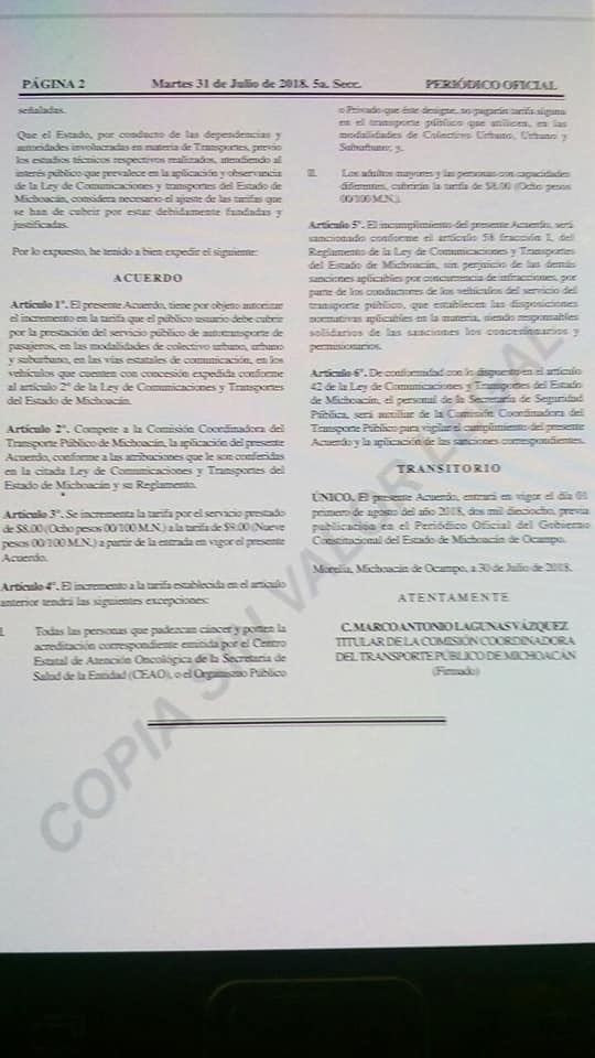 ACUERDO AUMENTO TARIFAS SERVICIO PÙBLICO MORELIA 2018. 2